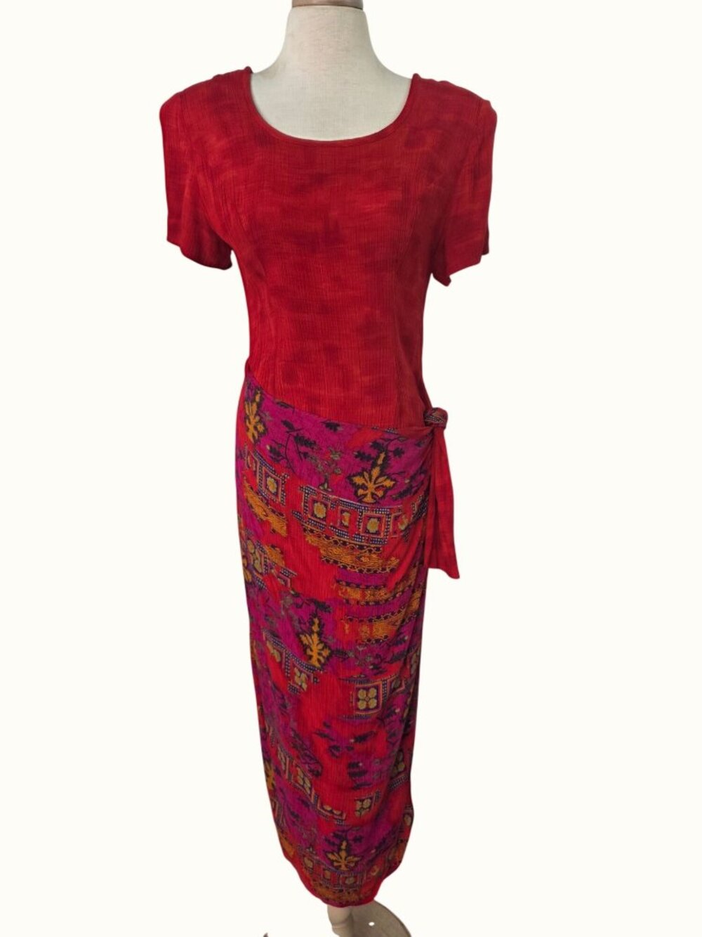 Vintage Jessica Howard Red Rayon Fuchsia Faux Wrap Long Dress Size 12 Fits S/M